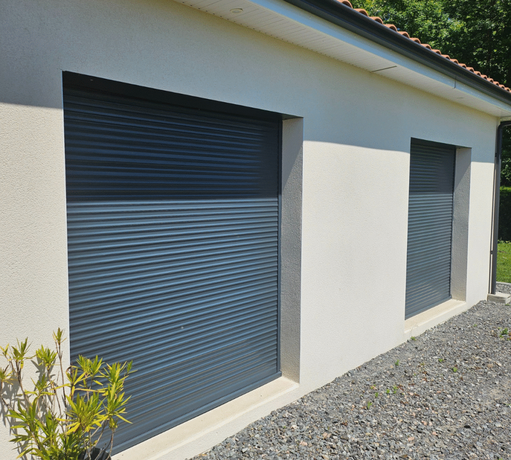 Pose de volets roulants électriques gris anthracite sur une maison neuve.